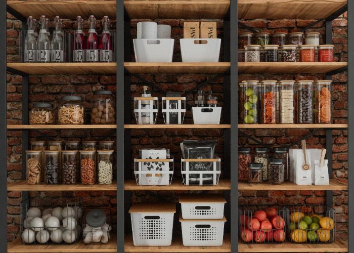 Use see-through containers for grocery cupboard storage ideas.