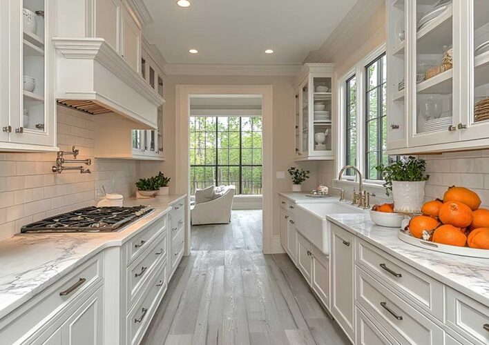 A galley kitchen has two parallel runs of units with a walkway between them A galley kitchen has two parallel runs of units with a walkway between them